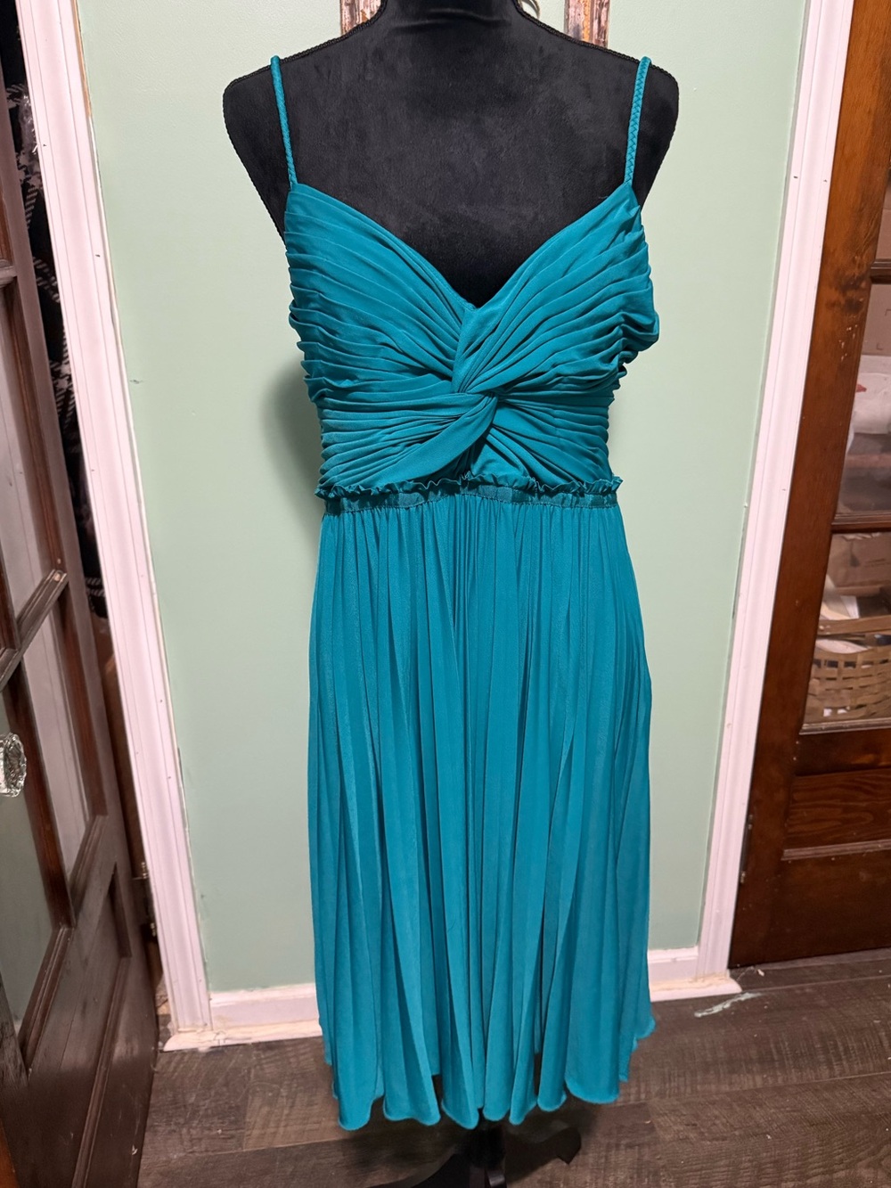 Calvin Klein teal braided strap twist front Pleated Dress size 12